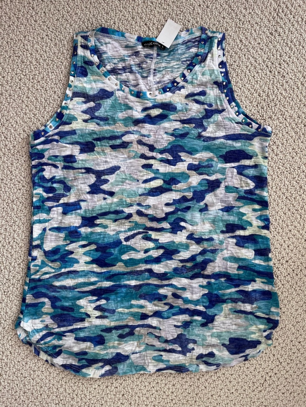 David Cline Sleeveless Top / Tank Top Blue Green with Silver Grommets Camo Sz L